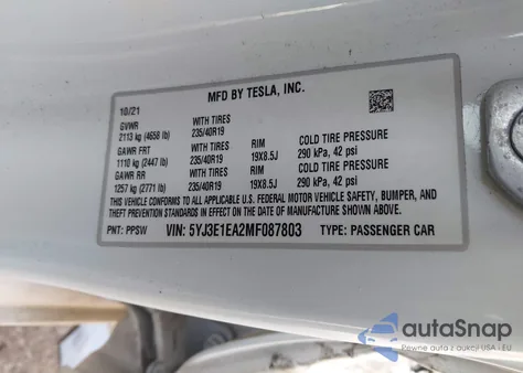 2021 Tesla Model 3 Standard Range Plus Rear-Wheel Drive from USA, damaged, VIN 5YJ3E1EA2MF087803